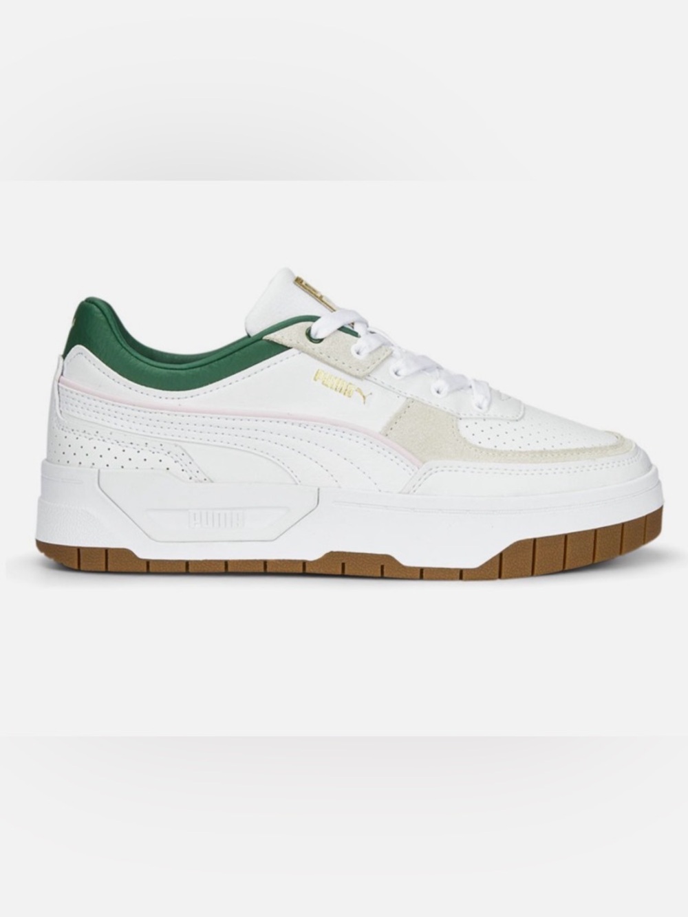 Puma White Sneakers with Green Collar, Pink Piping and Gum Sole